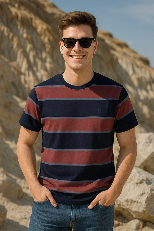 Men’s Striped Cotton T-Shirt – Navy & Maroon