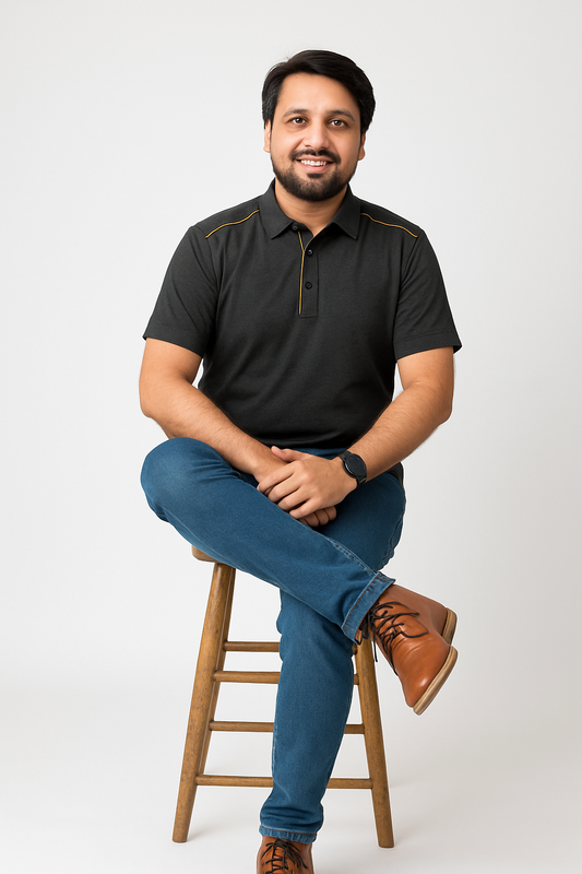 Men’s Black Polo with Yellow Piping – Sleek, Sporty, and Sharp
