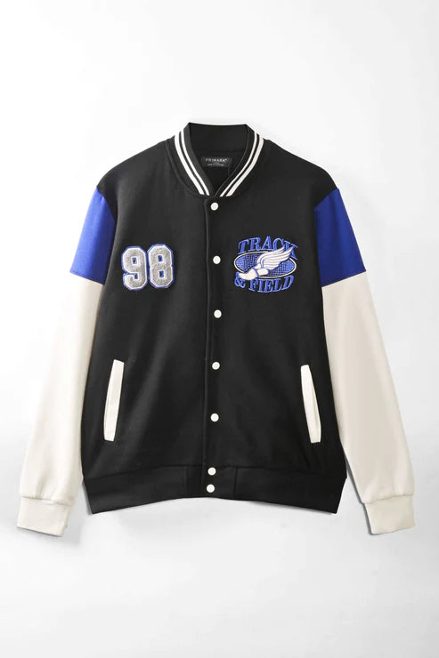 Primark Unisex Track & Field Embroidered Baseball Varsity Fleece Jacket.