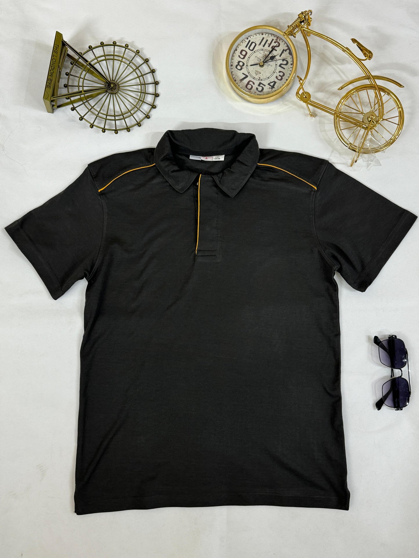 Men’s Black Polo with Yellow Piping – Sleek, Sporty, and Sharp